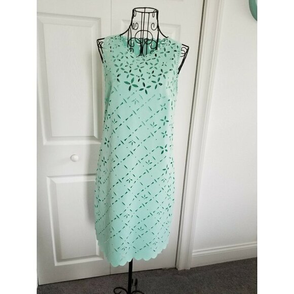 J.Crew Mint Green Laser Cut Perforated Scalloped Edge Sleeveless Sheath Dress 4 - Picture 1 of 10